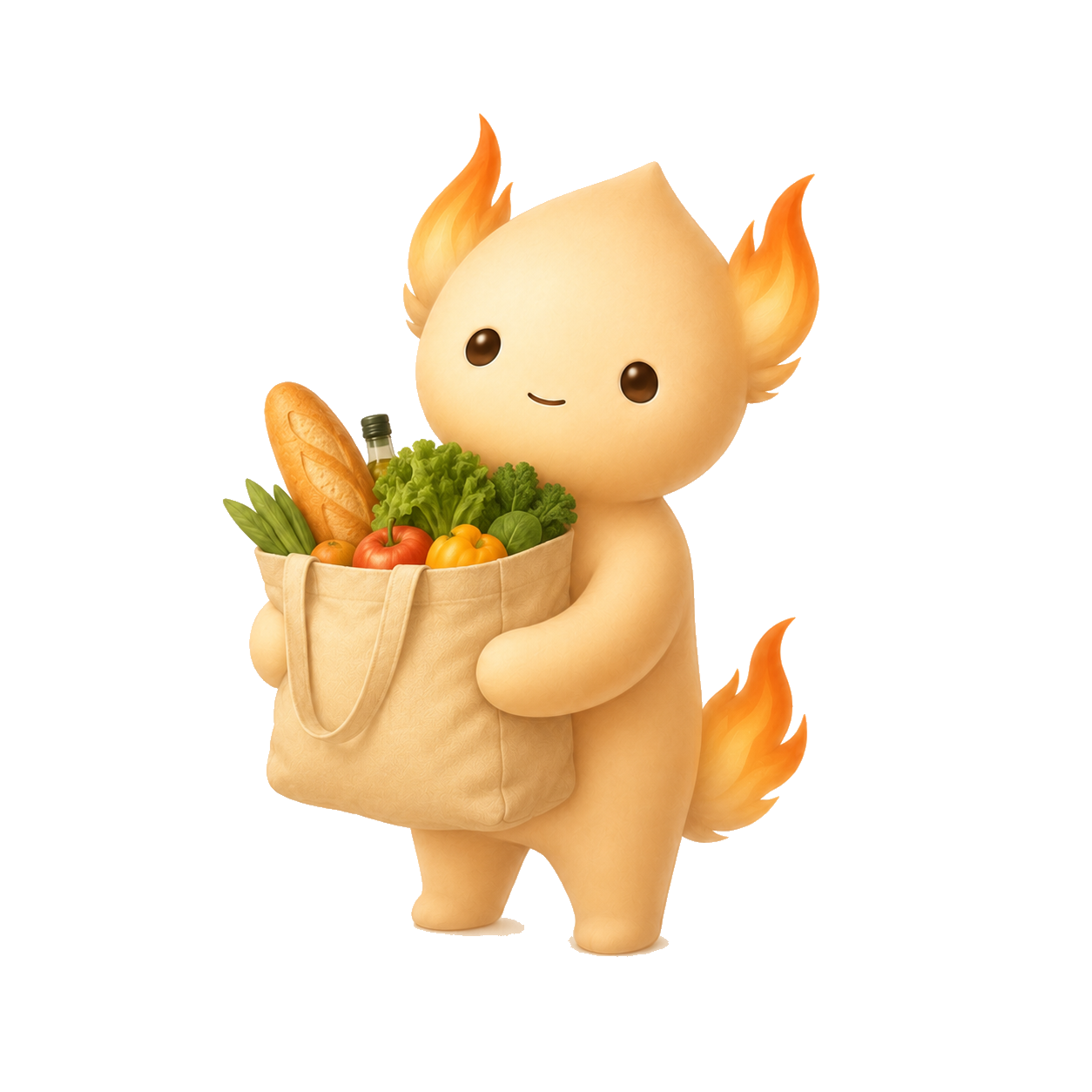 Ember, the Hearth mascot, with a grocery bag