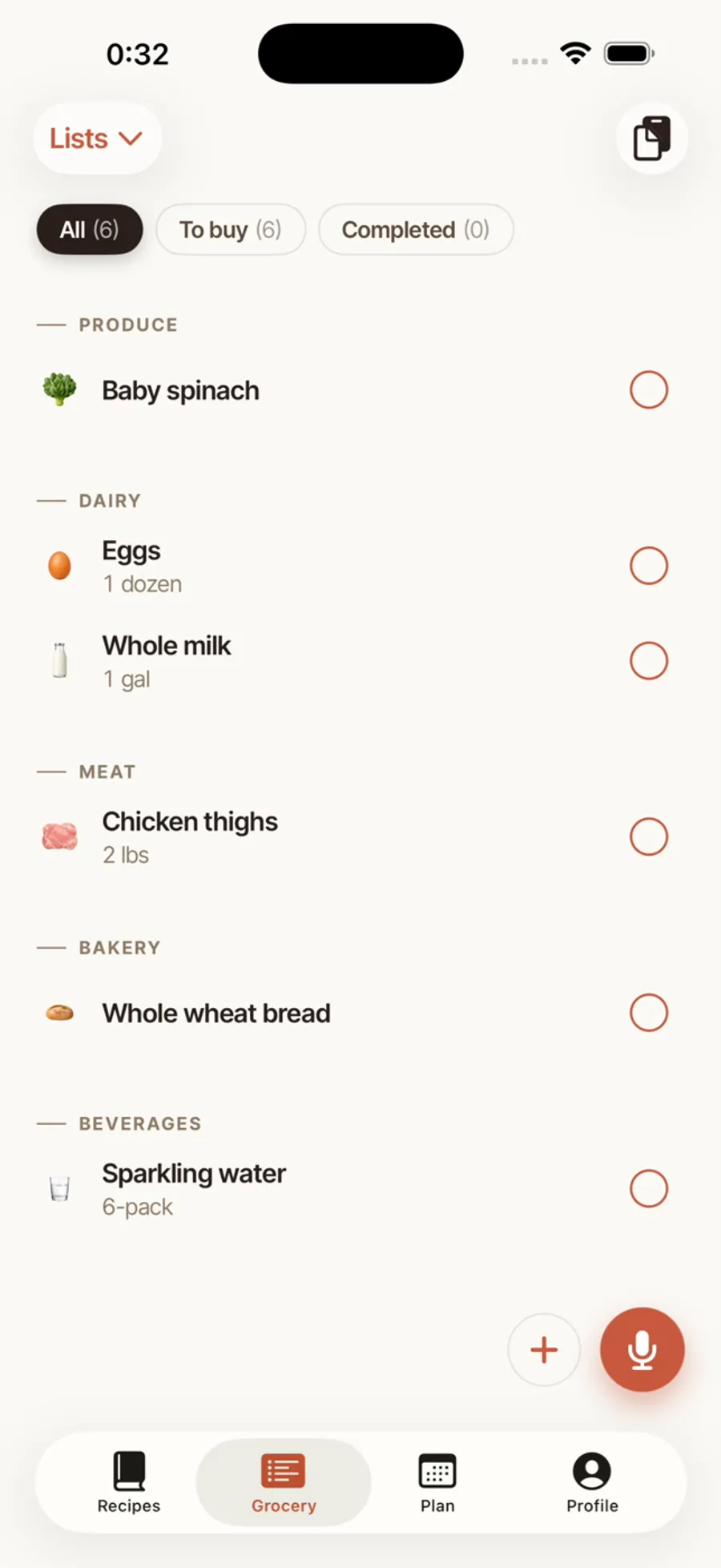 A categorized family grocery list in Hearth