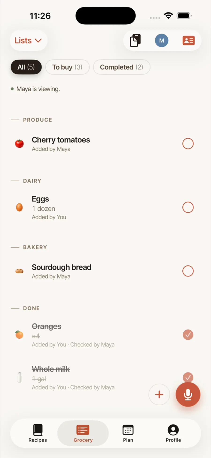 A shared Hearth grocery list with items added by each partner
