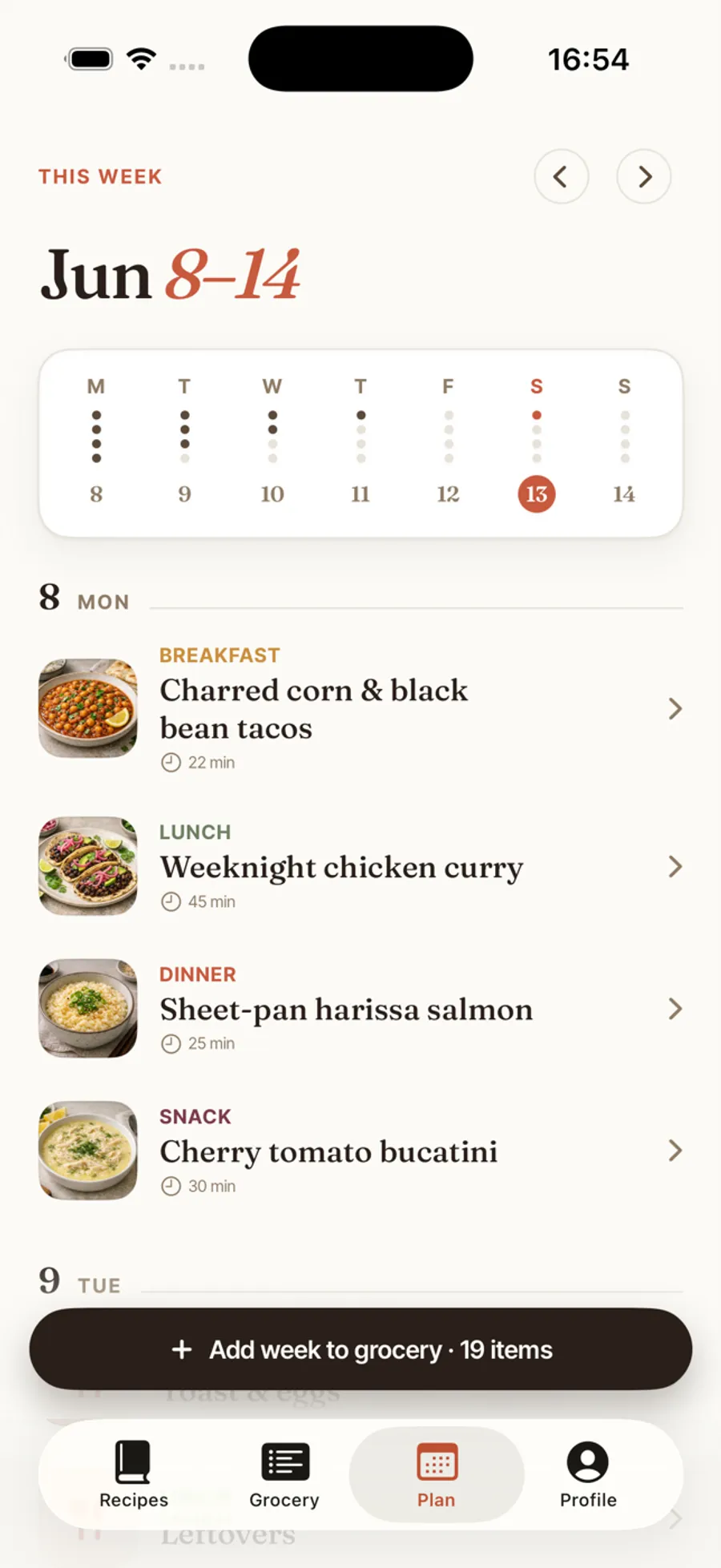 A week of meals planned in Hearth, ready to add to the grocery list
