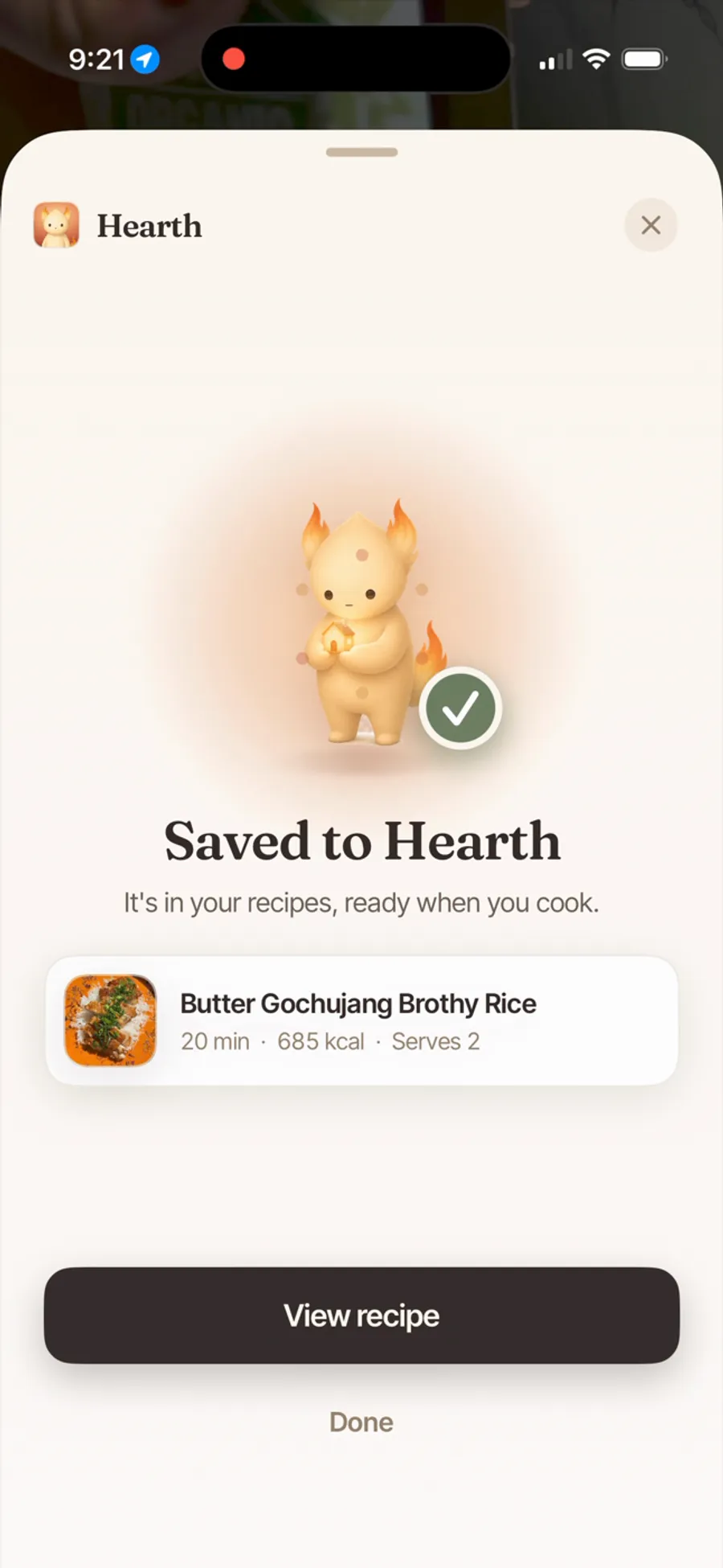 A recipe saved to Hearth from the share sheet