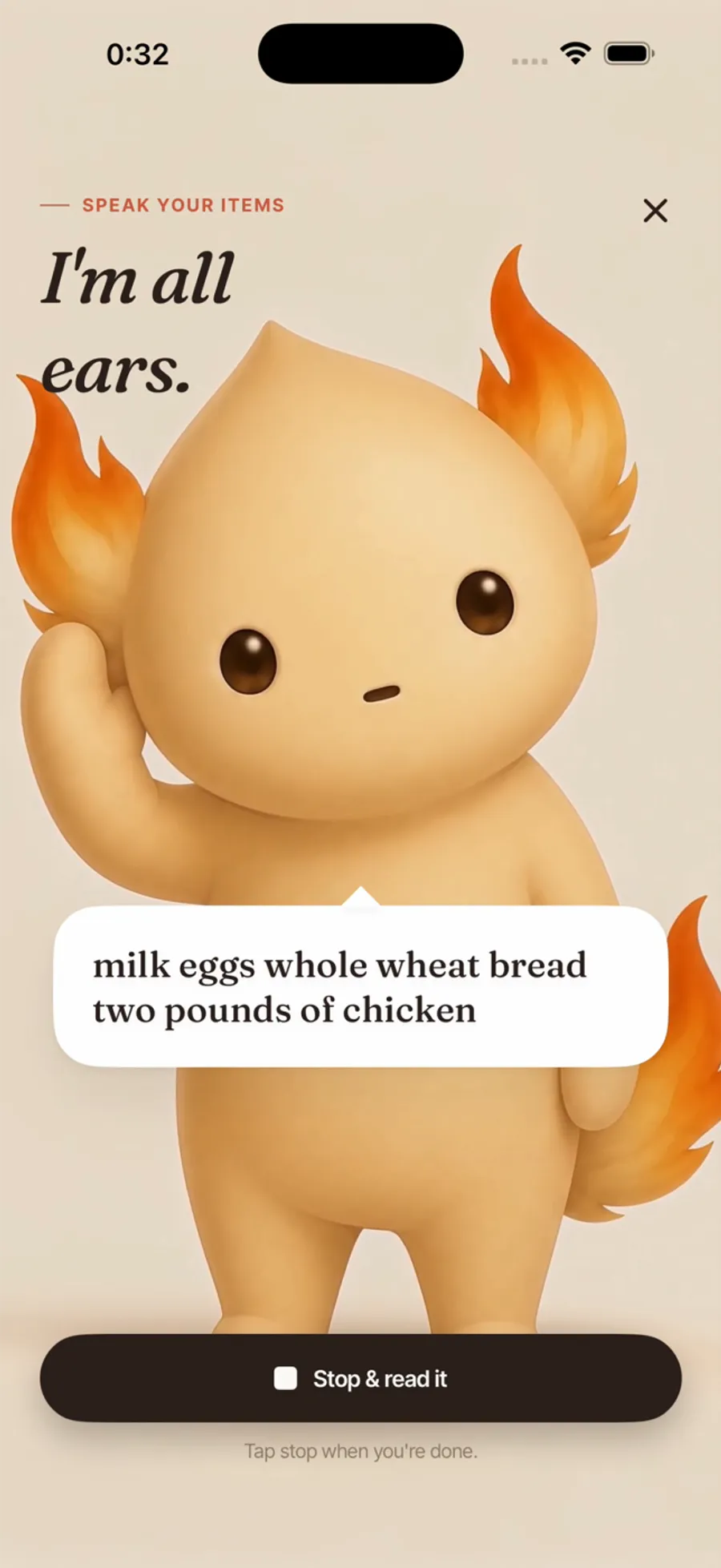 Adding grocery items by voice in Hearth